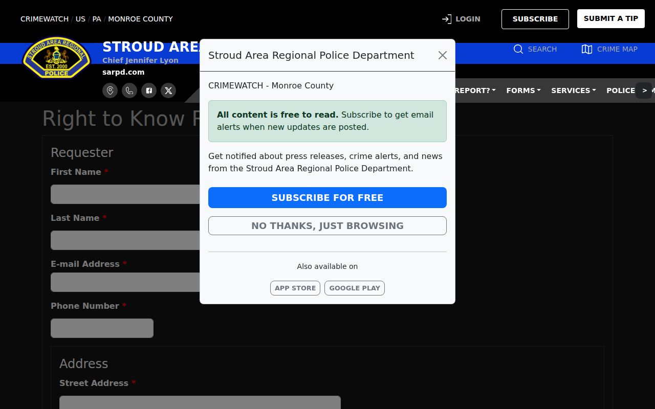 SARPD Right-to-Know request form used for East Stroudsburg police records