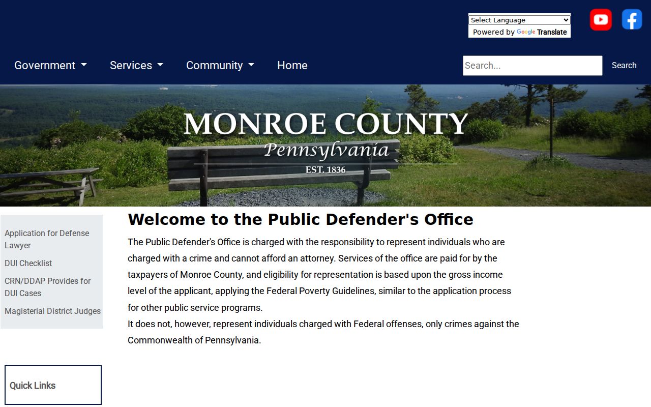Monroe County Public Defender office information for criminal court cases