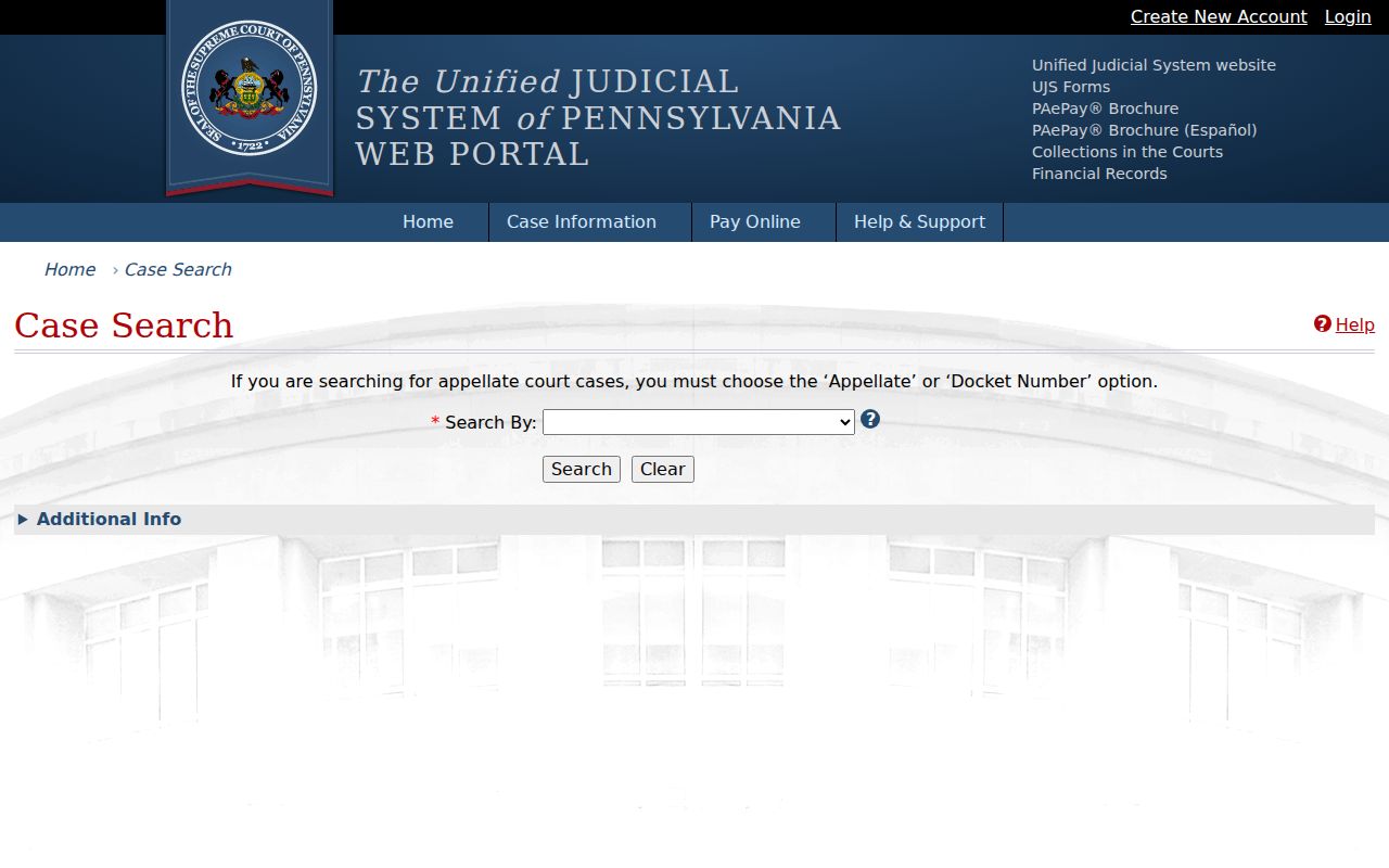 Monroe County criminal court case search fields in the Pennsylvania UJS portal