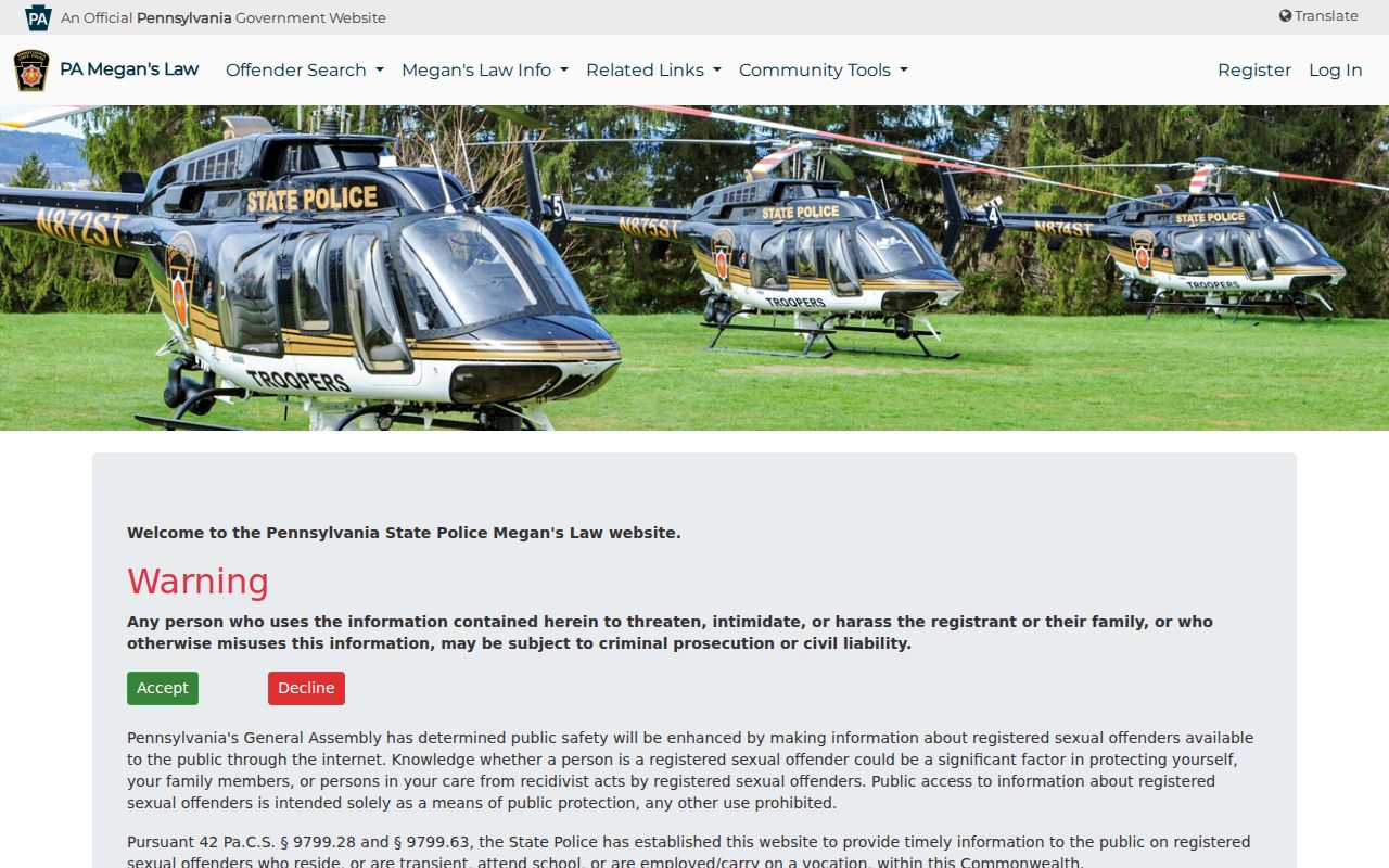 Monroe County sex offender check gateway on the Pennsylvania Megan's Law registry